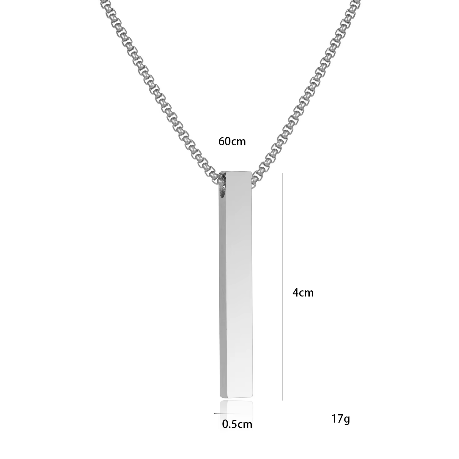 Medidas Dije Monolito: 4 cm por 0.5 cm; cadena de 60 cm